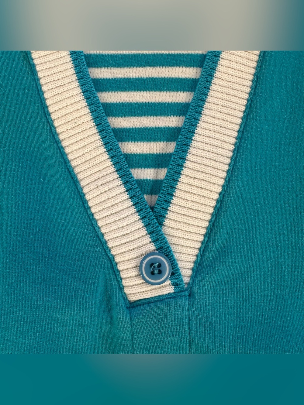 Vintage 80s 90s Koret Francisca Teal & White Jersey Short Sleeve Sweatshirt Top - Picture 6 of 7